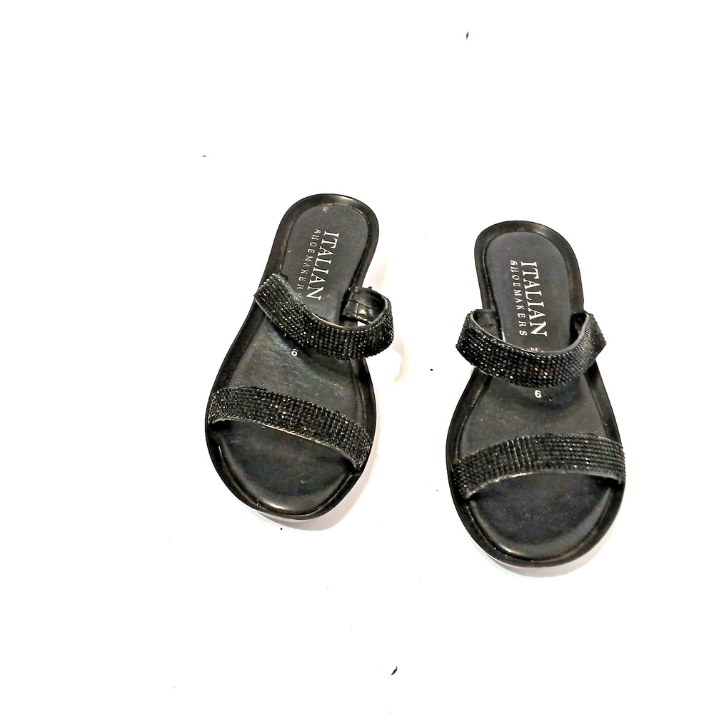 Black Double Strap Rhinestone Wedge Sandal Italian Effortless Glamour Size 6